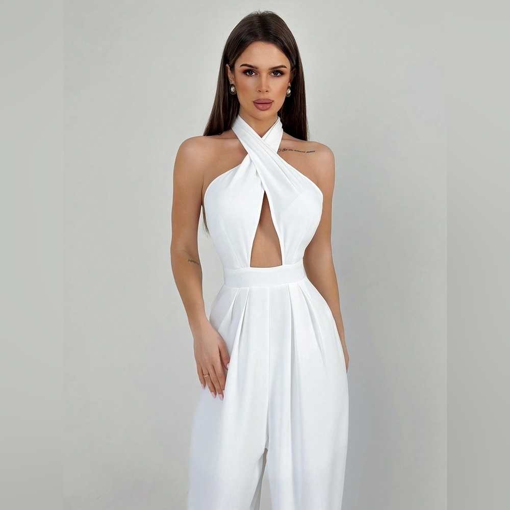 White Halter Neck Tie Waist Pleated Backless Plain Street - Picture 4 of 5